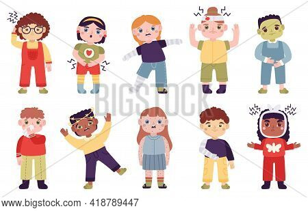 Sick Children. Little Kids With Disease Symptoms, Headache, Abdominal Pain, Runny Nose And Rashes Ve