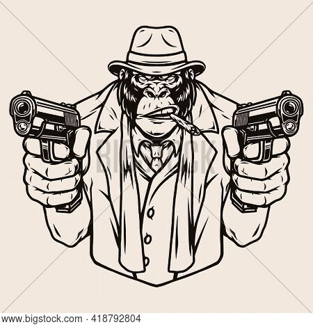 Angry Gorilla Mafioso With Guns Smoking Cigar And Wearing Fedora Hat Coat Suit Scarf And Gloves In V