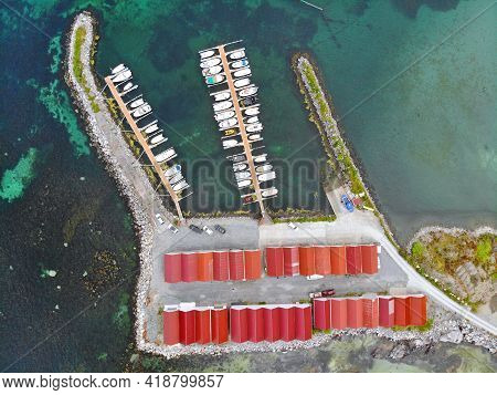 Norway Islands Drone View. Gurskoy Island Boat Garages And Marina Of Molustranda In More Og Romsdal 