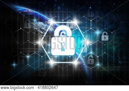 Security Key Lock Icon Digital Display Over Part Of Earth With Sun Rise And Lens Flare Over The Milk