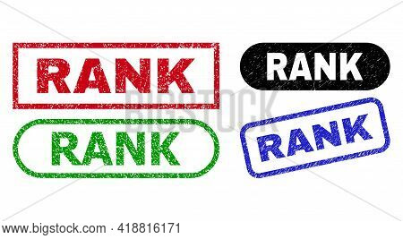 Rank Grunge Seal Stamps. Flat Vector Scratched Watermarks With Rank Message Inside Different Rectang