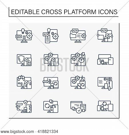 Cross Platform Line Icons Set. Programming Environment. Platform For Creating New Operating Systems.
