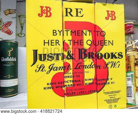 Samara, Russia - January 25, 2020: Justerini And Brooks Whiskey Ready For Sale On The Shelf In Super