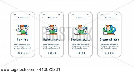 Workaholic Onboarding Mobile App Screens. Workaholism Prevention And Consequences. Workaholic Sings 
