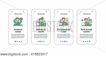 Workaholic Onboarding Mobile App Screens. Workaholism Prevention And Consequences. Workaholic Sings 