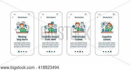 Workaholic Onboarding Mobile App Screens. Workaholism Prevention And Consequences. Workaholic Sings 