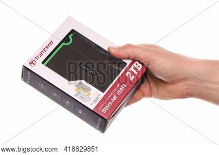 Lviv, Ukraine - April 21, 2021: 2 Tb Transcend External Hard Drive In A Box