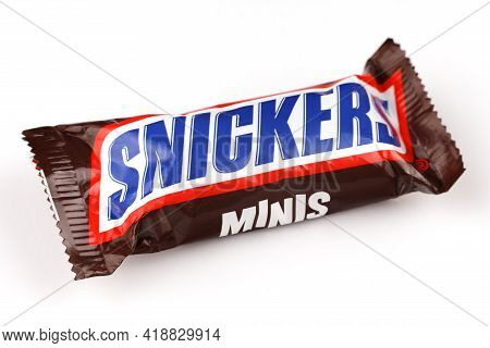 Lviv, Ukraine - April 21, 2021: Snickers Minis Chocolate Bar Isolate
