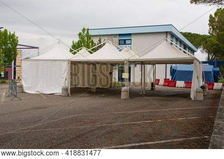 San Giorgio Di Nogaro, Italy - April 29th 2021. A Drive Through Covid Testing Centre In A Hospital C
