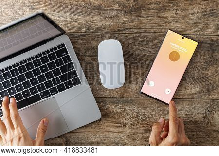 04-03-2021 Clarksburg, Md, Usa :concept Image Showing An Office Setting Where A Professional Is Rece