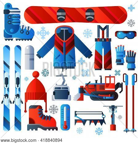 Flat Color Isolated Skiing Icons Set Of Complete Ski And Snowboard Outfit And Ski Resort Equipment O