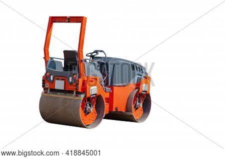 Asphalt Compactor. Orange Road Roller Isolated On White Background. Angle Back View Of The Modern Ro