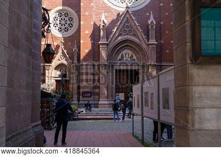 7 March 2021 Istanbul - Turkey St. Antuan Church Architectural Structure And People