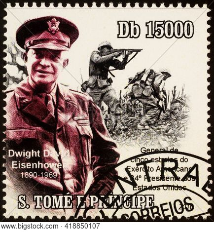 Moscow, Russia - April 29, 2021: Stamp Printed In Sao Tome And Principe, Shows Dwight Eisenhower, Su