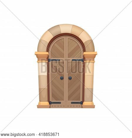Gate, Fairytale Oak Wood Door And Doorway Of Stone, Door To Dungeon Isolated Flat Cartoon Icon. Vect