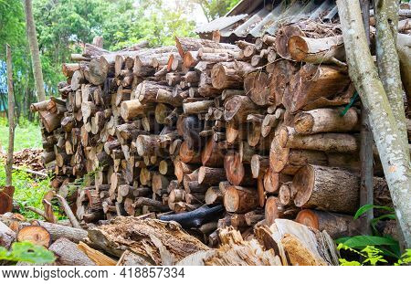 A Pile Of Stacked Firewood, Prepared For Heating The House, Firewood Harvested For Heating In Winter