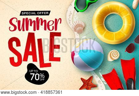 Sumer Sale Vector Banner Design. Summer Sale 3d Text Up To 70% Off Discount With Beach Ball, Floater