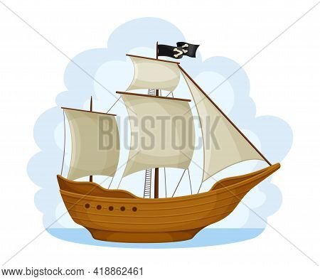Pirate Ship With Sails And Flag With Crossed Bones Navigating Upon Water Vector Illustration