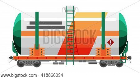 Rail Oil Gasoline Tanker Car. Freight Tank Wagon Isolated On White. Flatcar Part Of Cargo Train. Cis
