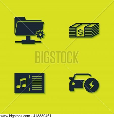 Set Ftp Settings Folder, Electric Car, Music Book With Note And Paper Money Dollars Cash Icon. Vecto