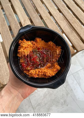 Take Away Traditional Appetizer Muhammara, Acuka Or Acika Made With Tomato Paste.