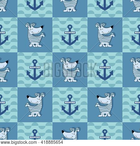 Anchors. Childrens Sea Background. Sailor Dog In Squares With Waves. Seamless Background.