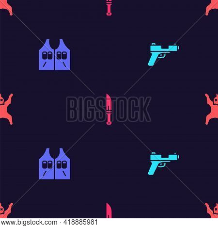 Set Pistol Or Gun, Hunting Jacket, Hunter Knife And Bear Skin On Seamless Pattern. Vector