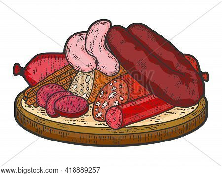On Desk Meat Products Still Life. Old Engraving Imitation Color. Sketch Scratch Board Imitation.