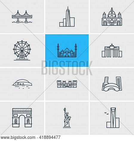 Vector Illustration Of 12 History Icons Line Style. Editable Set Of Cloud Gate, Minaret, Windsor Cas