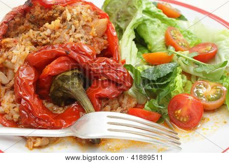 Plato a base de pimiento relleno con carne picada de ternera, tomate, perejil, cebolla y arroz, un tradicional griega dis