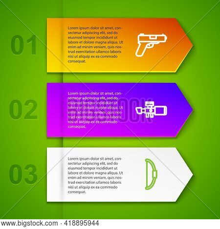 Set Line Pistol Or Gun, Sniper Optical Sight, Bow And Binoculars. Business Infographic Template. Vec