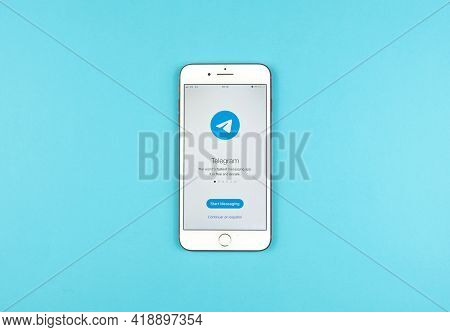 Spain. 30,04,2021. Telegram Application Icon On Apple Iphone 7 Screen Close-up. Telegram App Icon. T