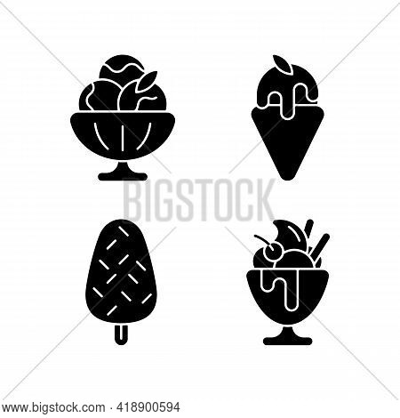 Ice Cream Varieties Black Glyph Icons Set On White Space. Sorbet, Sherbet. Gelato. Vanilla Ice Cream