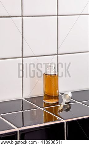 Natural Serum. Concept Of Cosmetic Injection Is Hyaluronic Acid, Botulin, Serum On The Background Of