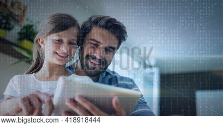 Binar code pattern over father and daughter smiling using tablet. global technology, data processing and digital interface concept digitally generated image.