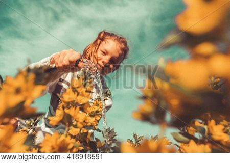 Grane Effect. Young Girl Teenager Pours Water From Hose On Bushes Of Yellow Flowers Growing In Flowe