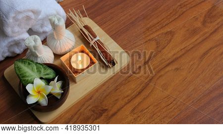 Spa Candles With Towels,spa Accessories,beautiful Composition Of Spa , Spa Relax Concept,  Herbs For