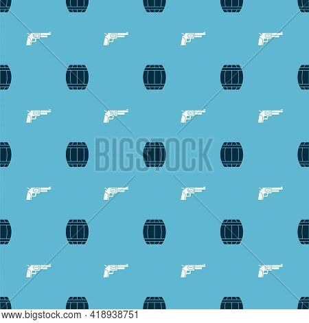 Set Gun Powder Barrel And Revolver Gun On Seamless Pattern. Vector