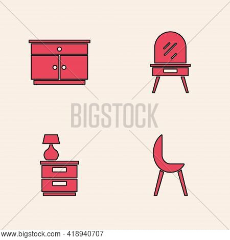 Set Armchair, Furniture Nightstand, Dressing Table And With Lamp Icon. Vector