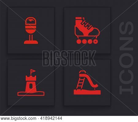 Set Kid Slide, Trash Can, Roller Skate And Sand Tower Icon. Vector