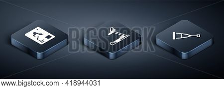 Set Isometric X-ray Shots, Crutch Or Crutches And Treadmill Machine Icon. Vector