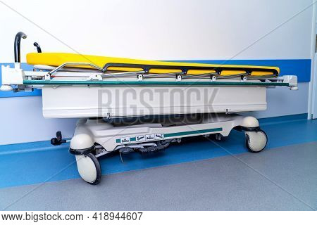 Emergency Bed Staying In Hospital. Medical Equipment For Emergency Service.