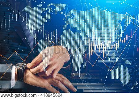 Businessman Trader Checking His Watch. Stock Market Changes, Business Candlesticks Graph Chart. Doub