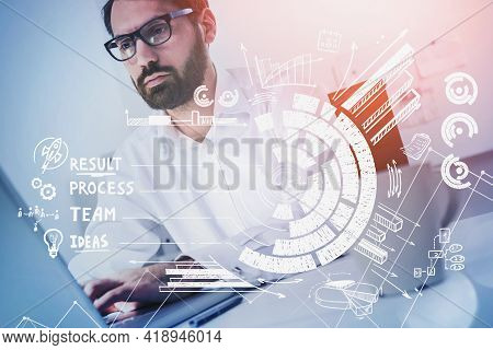 Beard Businessman Working On Laptop. Double Exposure With Pie Chart And Bars, Business Plan. Concept