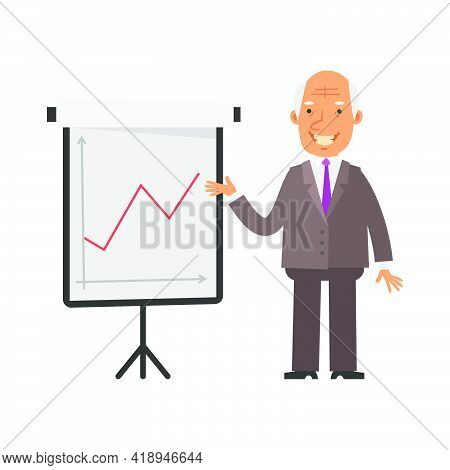 Positive Business Graph. Old Businessman Happy And Smiling. Vector Characters. Vector Illustration