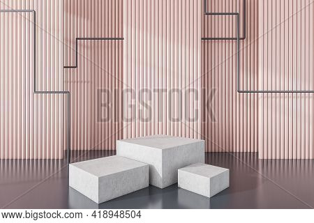Light Concrete Platform Stands, Pink Background With Grey Geometric Lines. Mockup Stand For Product 