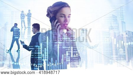Businesswoman Talking Phone, Business People And Candlesticks Forex Changes And Bar Chart, Colleague