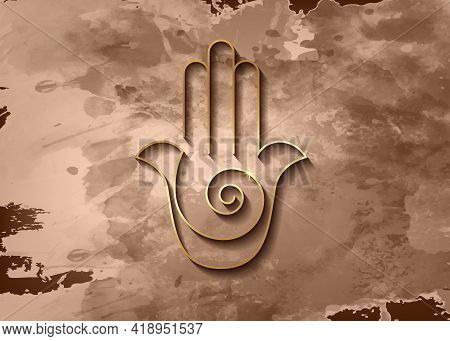 Hamsa Hand Spiral Icon. Gold Line Art Vector Jewish Religious Sign. Golden Luxury Hand Of Fatima Min
