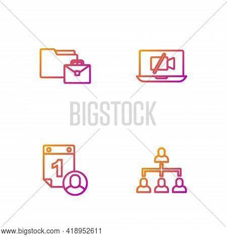 Set Line Hierarchy Organogram Chart, Time Management, Online Working And Video Camera Off On Laptop.