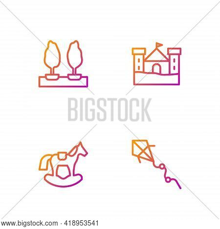 Set Line Kite, Horse In Saddle Swing, Forest And Sand Castle. Gradient Color Icons. Vector